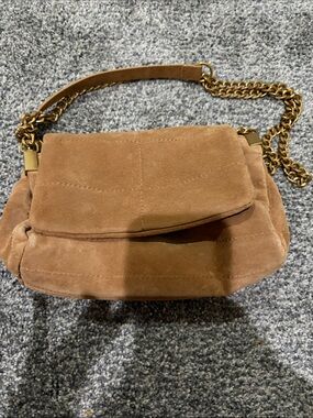 Zara Suede Shoulder Bag with Gold Chain Strap - Tan